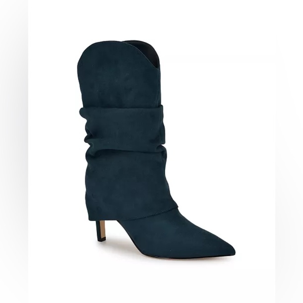 Nine West Glitch Slouchy Green Pointed Toe Textile Heels Boots Size 7.5 NWT